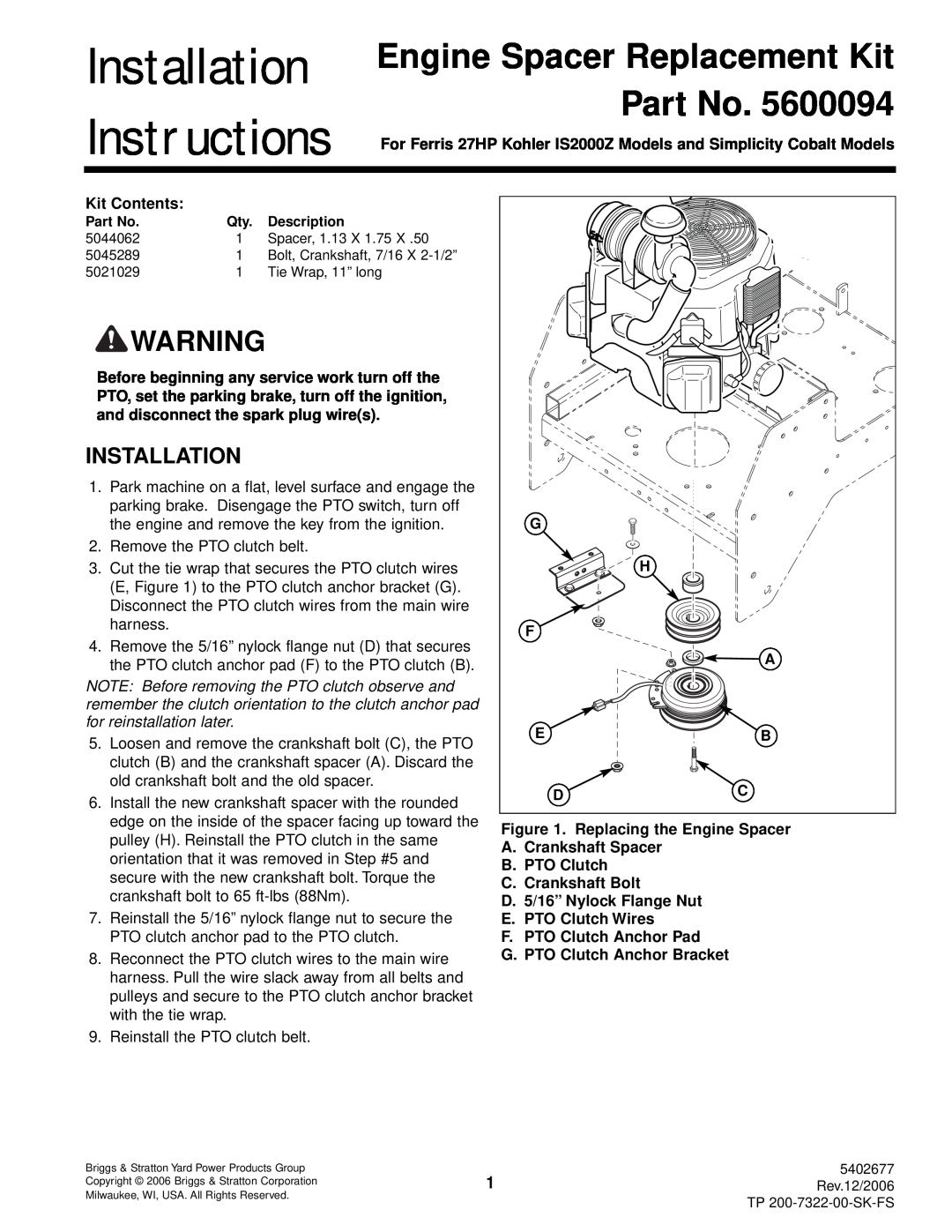 Briggs & Stratton IS2000Z installation instructions Installation Instructions, Engine Spacer Replacement Kit Part No 