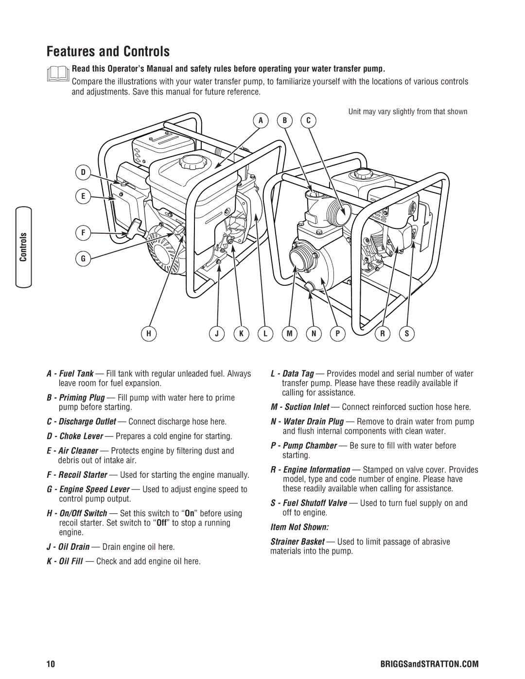 Briggs & Stratton Water Transfer Pump manual Features and Controls, Pump Chamber Be sure to fill with water before starting 