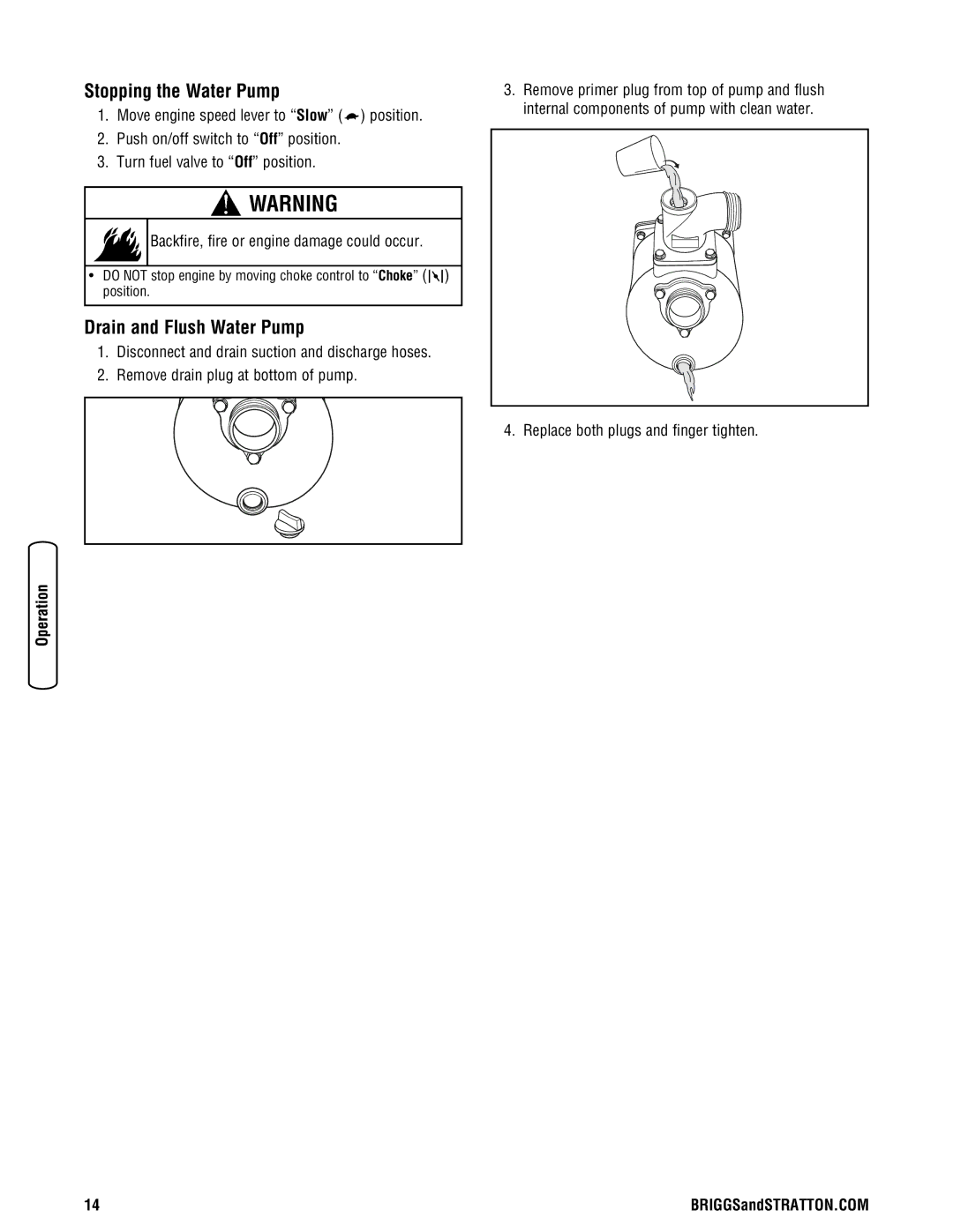 Briggs & Stratton Water Transfer Pump manual Stopping the Water Pump, Drain and Flush Water Pump 