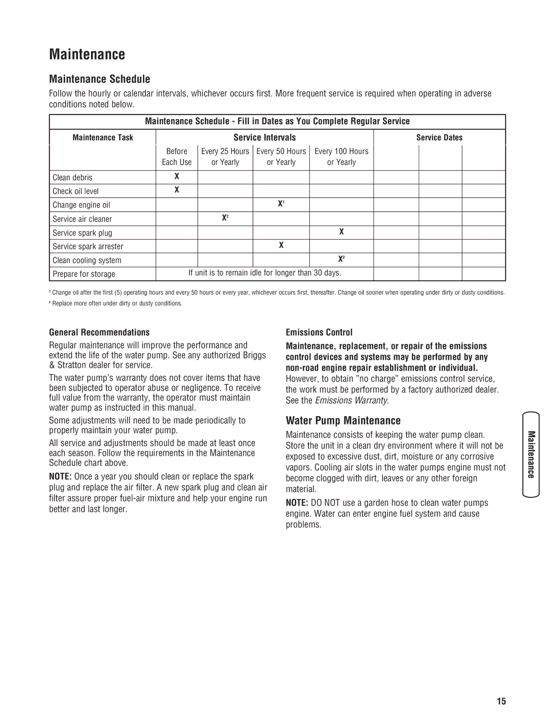 Briggs & Stratton Water Transfer Pump manual Maintenance Schedule, Water Pump Maintenance 