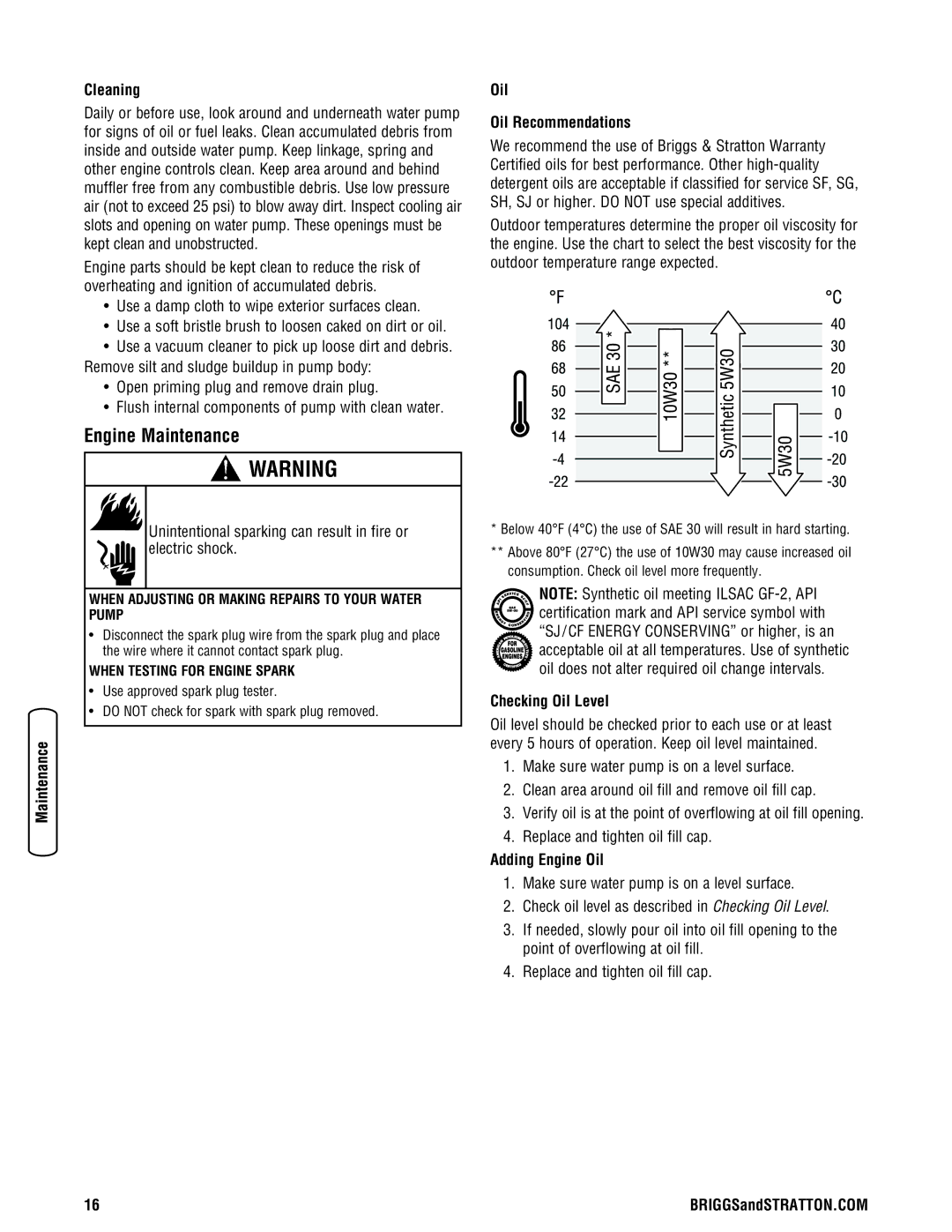 Briggs & Stratton Water Transfer Pump manual Engine Maintenance, Cleaning, Oil Oil Recommendations, Checking Oil Level 