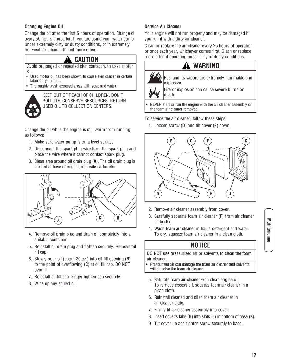 Briggs & Stratton Water Transfer Pump manual Changing Engine Oil, Service Air Cleaner, Loosen screw D and tilt cover E down 