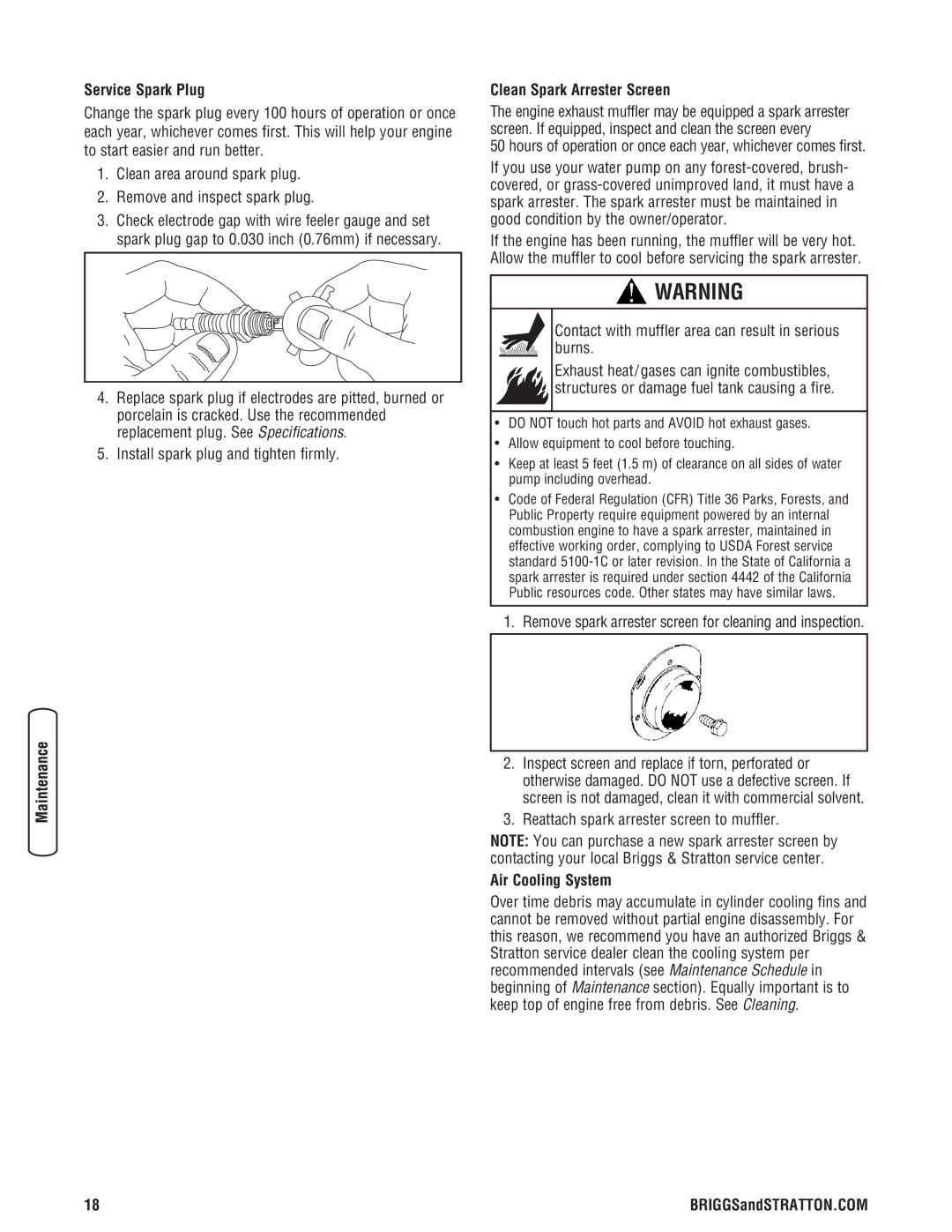 Briggs & Stratton Water Transfer Pump manual Service Spark Plug, Clean Spark Arrester Screen, Air Cooling System 