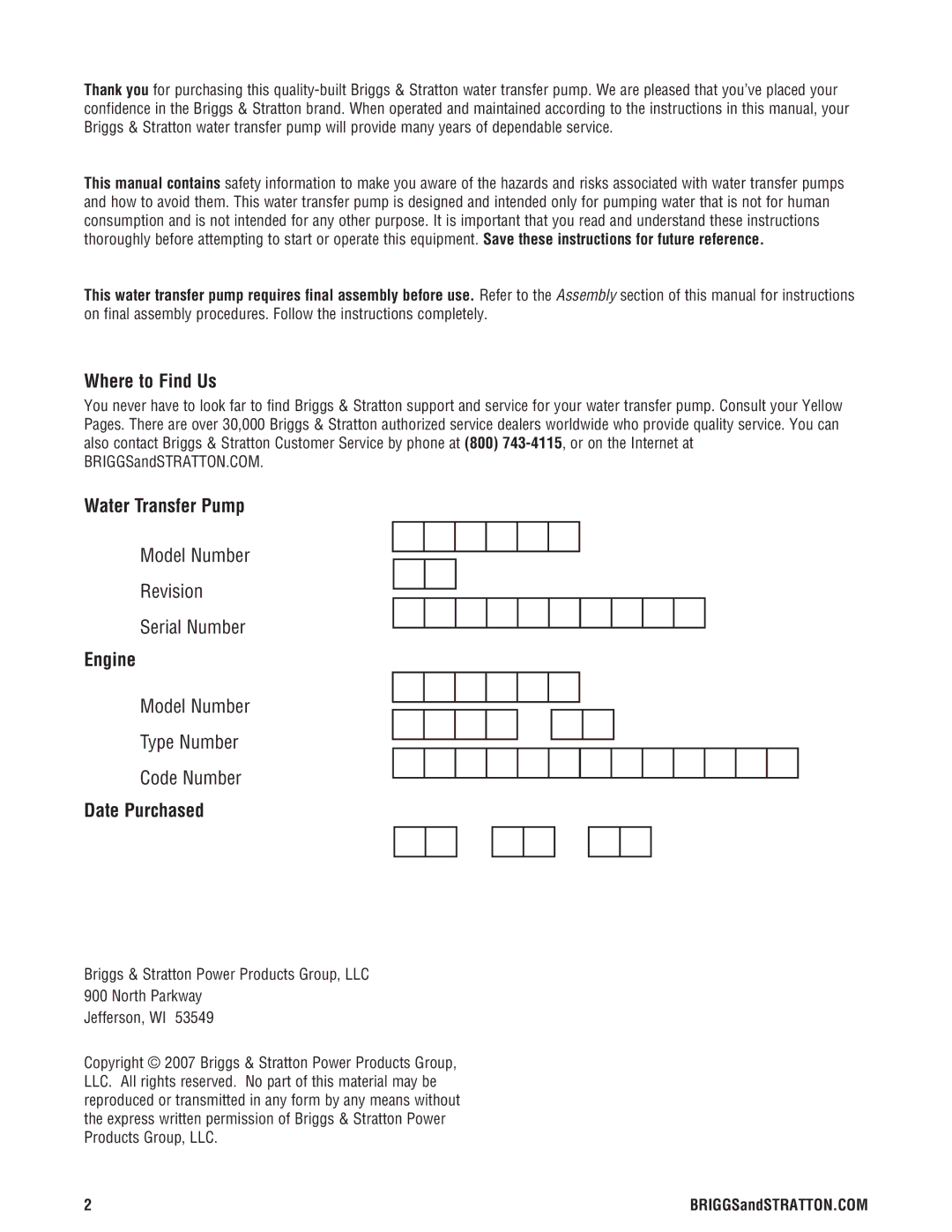 Briggs & Stratton Water Transfer Pump manual Where to Find Us, Engine, Date Purchased 