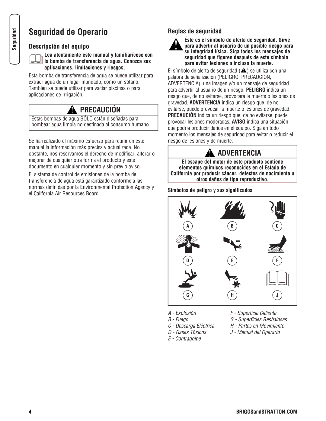 Briggs & Stratton Water Transfer Pump manual Seguridad de Operario, Descripción del equipo, Reglas de seguridad, Abc Def 