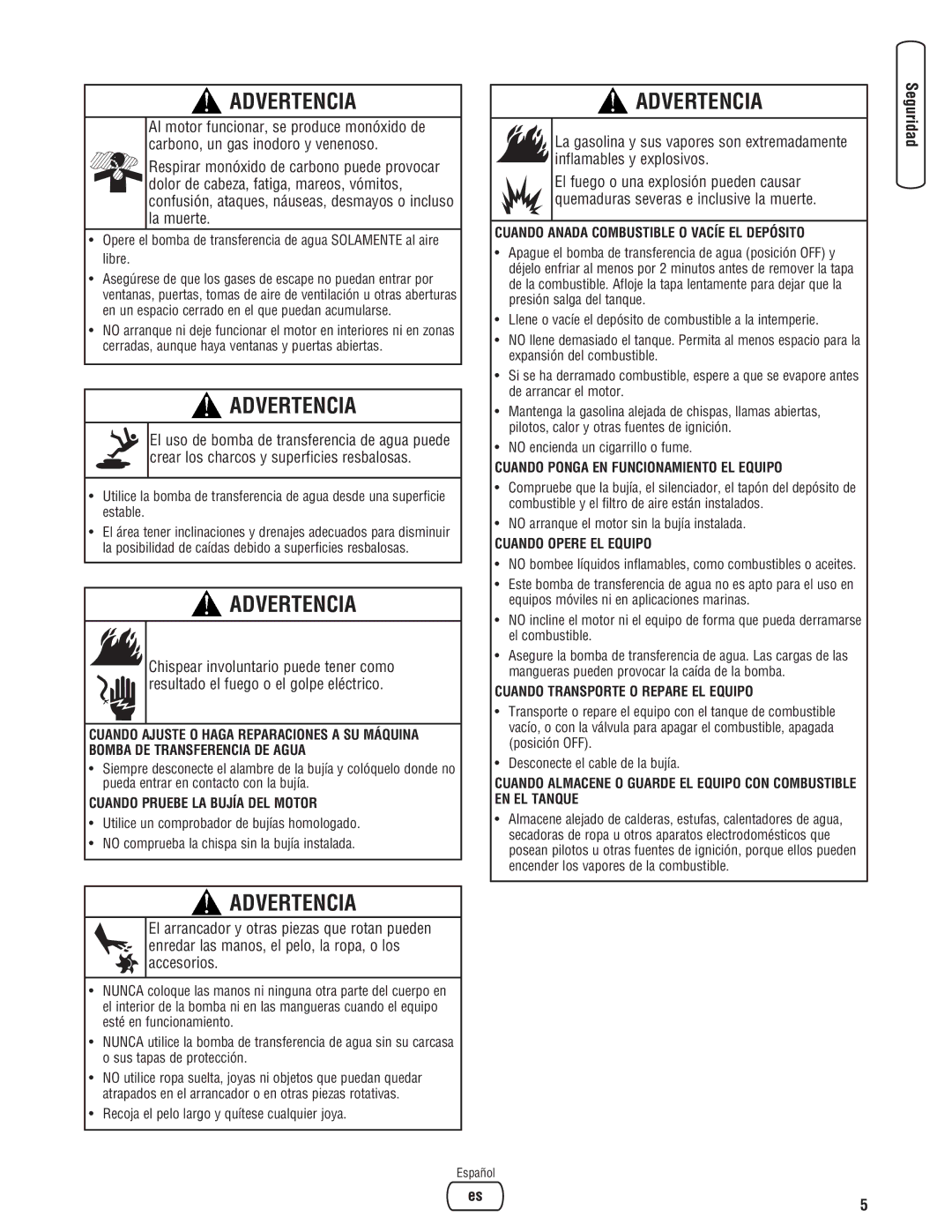 Briggs & Stratton Water Transfer Pump manual Cuando Pruebe LA Bujía DEL Motor, Cuando Anada Combustible O Vacíe EL Depósito 