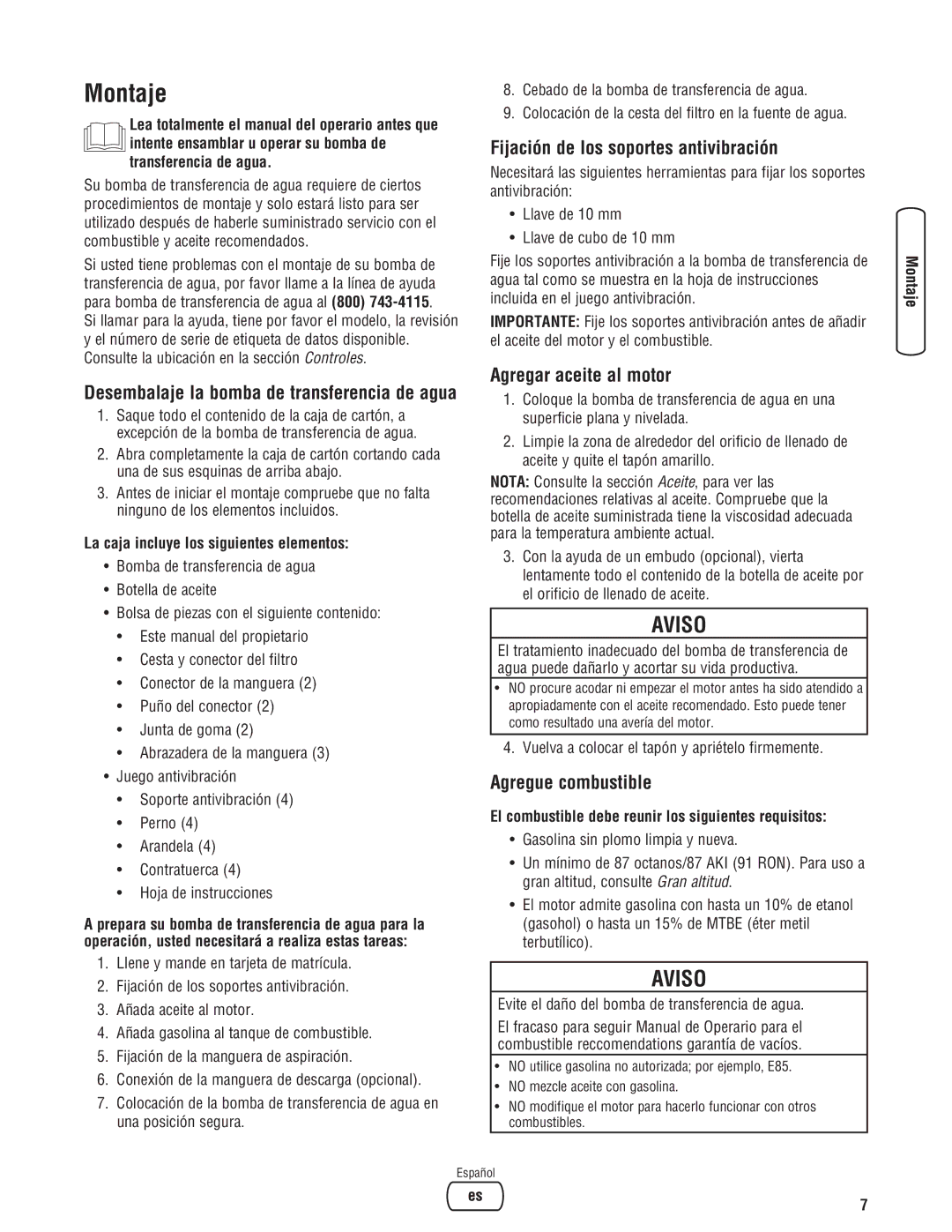 Briggs & Stratton Water Transfer Pump manual Montaje, Fijación de los soportes antivibración, Agregar aceite al motor 