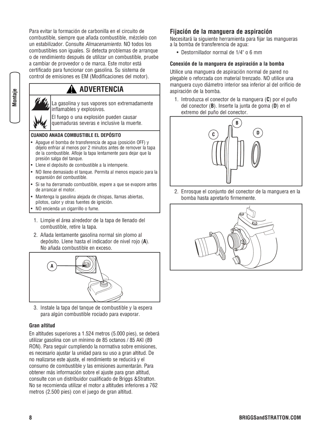 Briggs & Stratton Water Transfer Pump manual Fijación de la manguera de aspiración, Gran altitud 