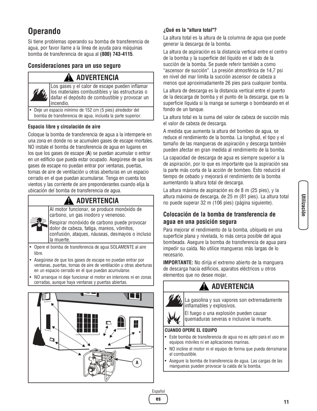 Briggs & Stratton Water Transfer Pump Operando, Consideraciones para un uso seguro, Espacio libre y circulación de aire 