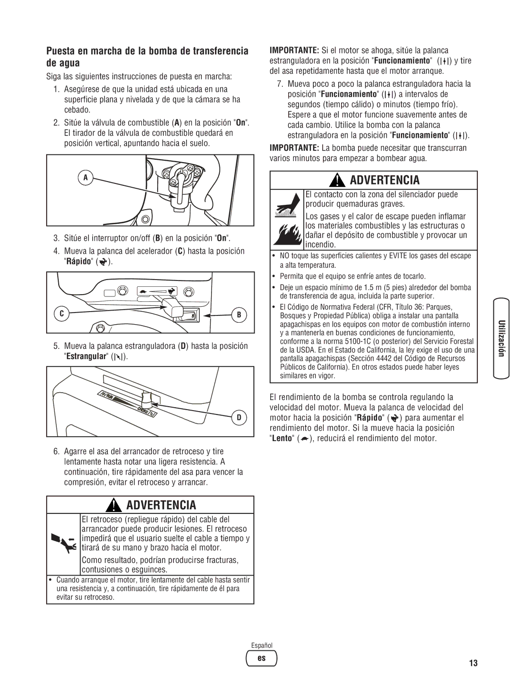 Briggs & Stratton Water Transfer Pump manual Puesta en marcha de la bomba de transferencia de agua 