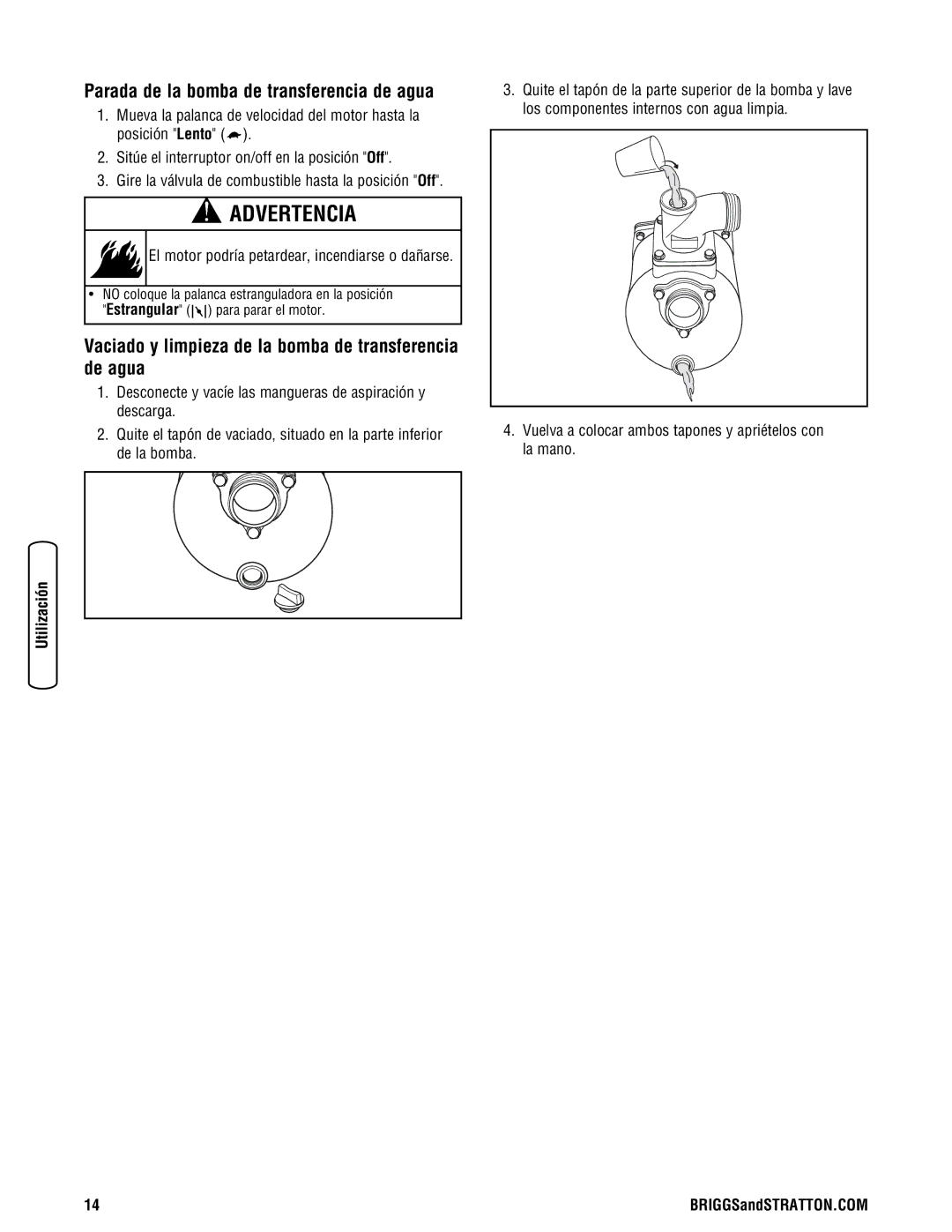 Briggs & Stratton Water Transfer Pump manual Parada de la bomba de transferencia de agua 