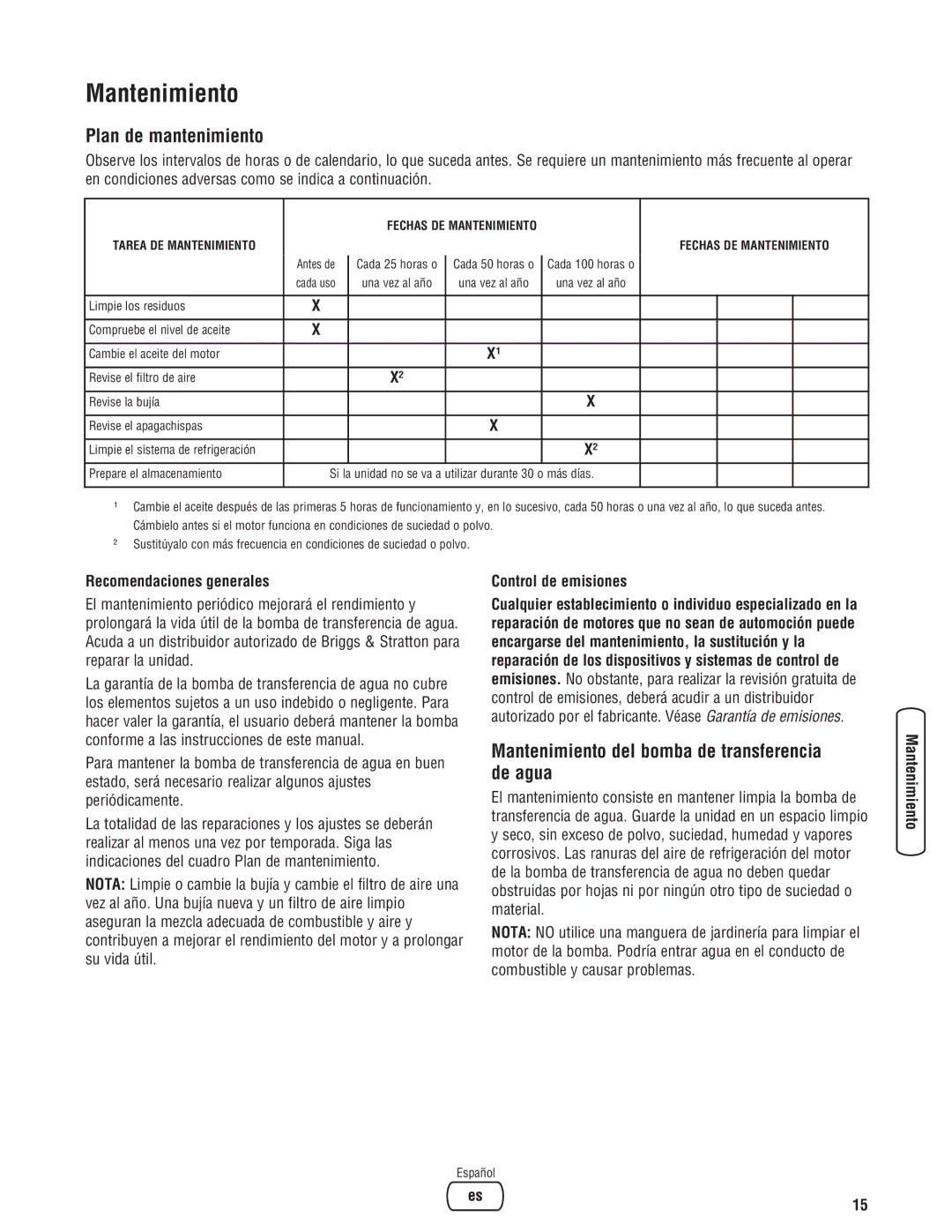 Briggs & Stratton Water Transfer Pump manual Mantenimiento, Plan de mantenimiento, Recomendaciones generales 