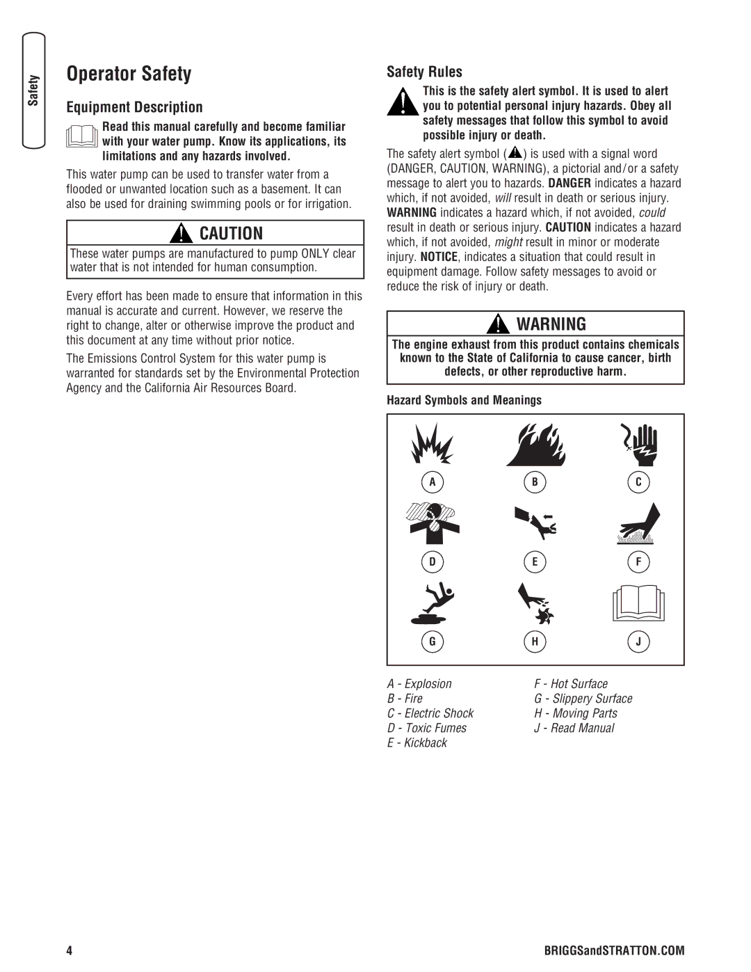 Briggs & Stratton Water Transfer Pump Operator Safety, Equipment Description, Safety Rules, Hazard Symbols and Meanings 