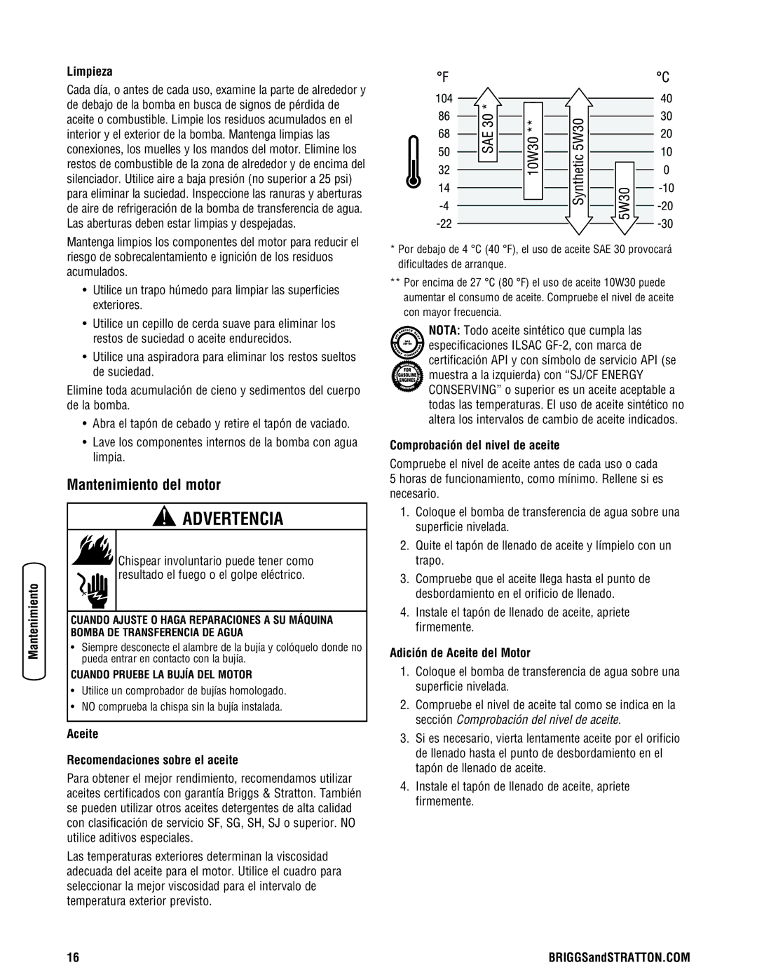 Briggs & Stratton Water Transfer Pump manual Mantenimiento del motor, Limpieza, Aceite Recomendaciones sobre el aceite 