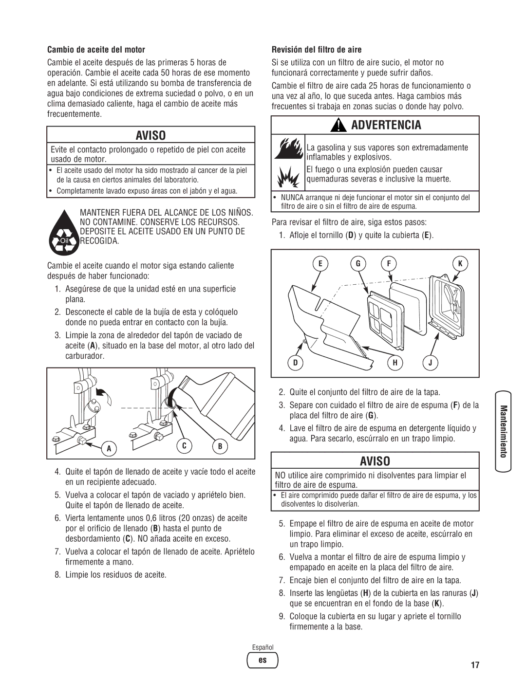 Briggs & Stratton Water Transfer Pump manual Cambio de aceite del motor, Revisión del filtro de aire 