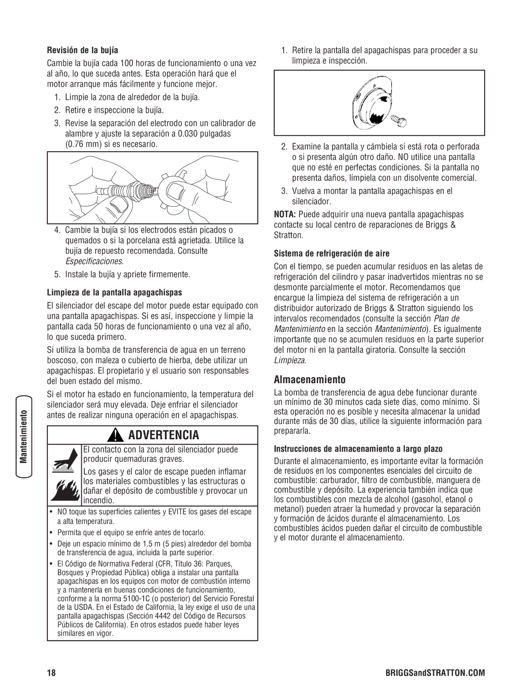 Briggs & Stratton Water Transfer Pump manual Almacenamiento, Revisión de la bujía, Limpieza de la pantalla apagachispas 