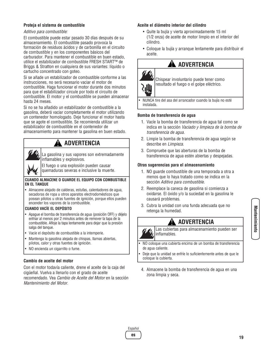 Briggs & Stratton Water Transfer Pump manual Proteja el sistema de combustible, Aceite el diámetro interior del cilindro 