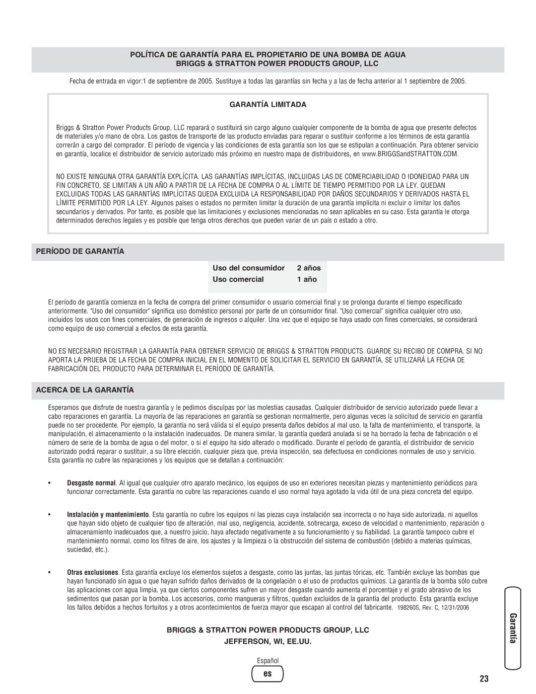 Briggs & Stratton Water Transfer Pump manual Garantía Limitada 