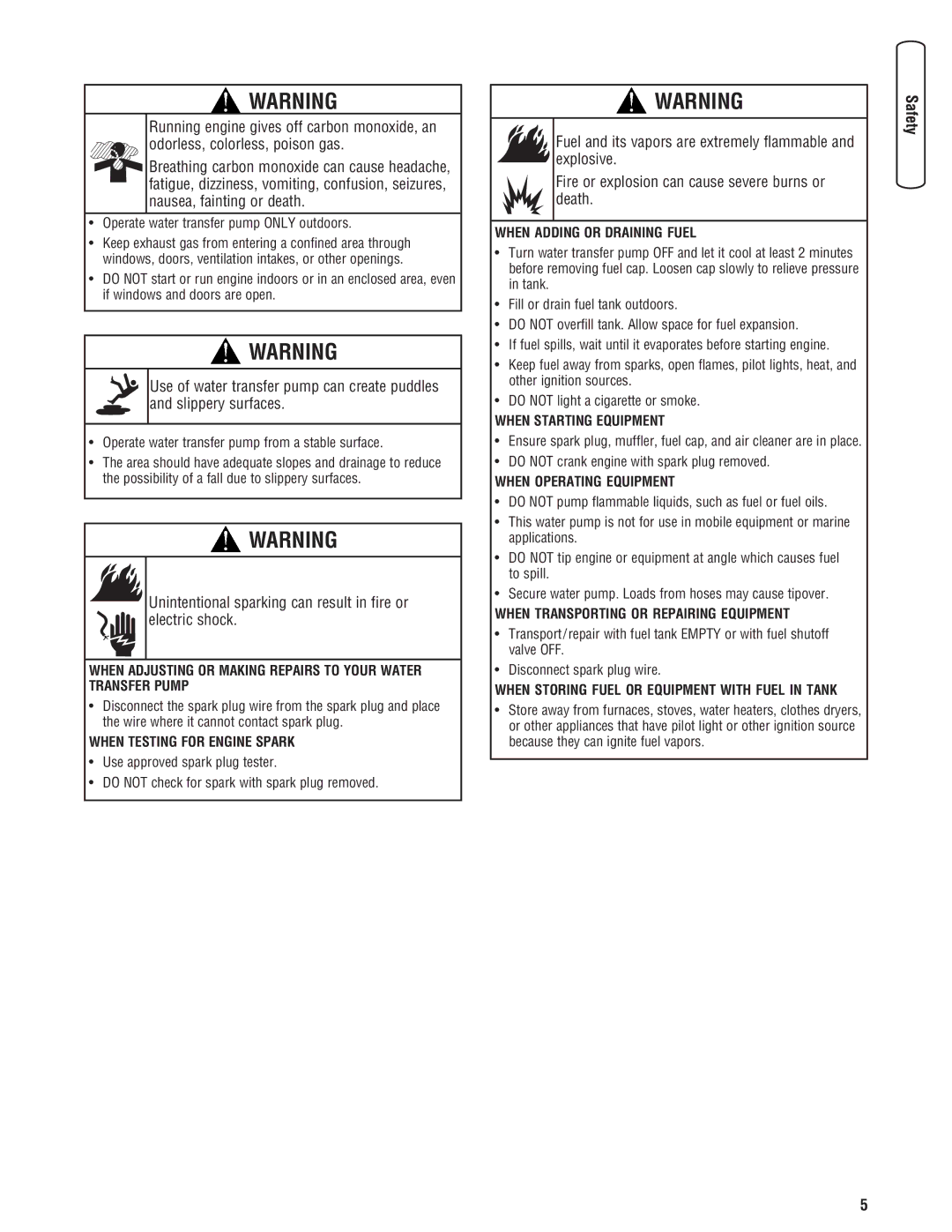 Briggs & Stratton Water Transfer Pump manual Unintentional sparking can result in fire or electric shock 