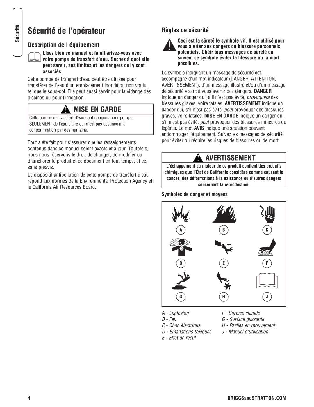 Briggs & Stratton Water Transfer Pump manual Sécurité de l’opérateur, Description de l équipement, Règles de sécurité 