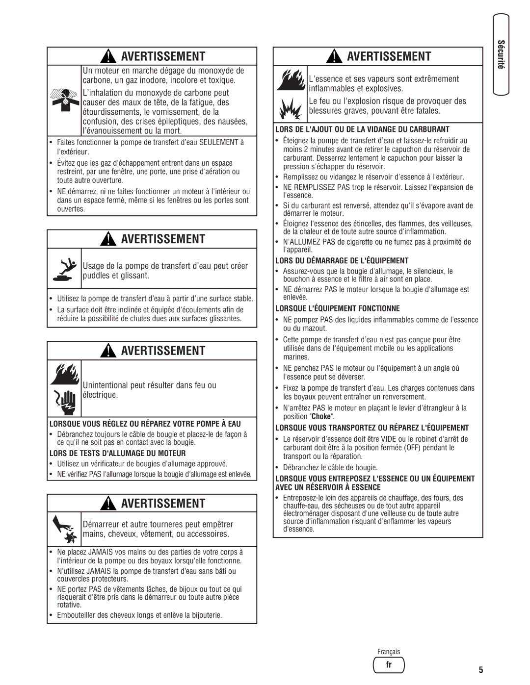 Briggs & Stratton Water Transfer Pump manual Unintentional peut résulter dans feu ou électrique 