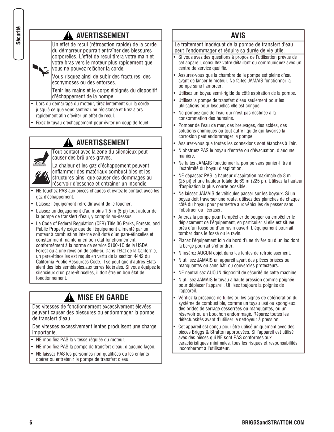 Briggs & Stratton Water Transfer Pump manual Avis 