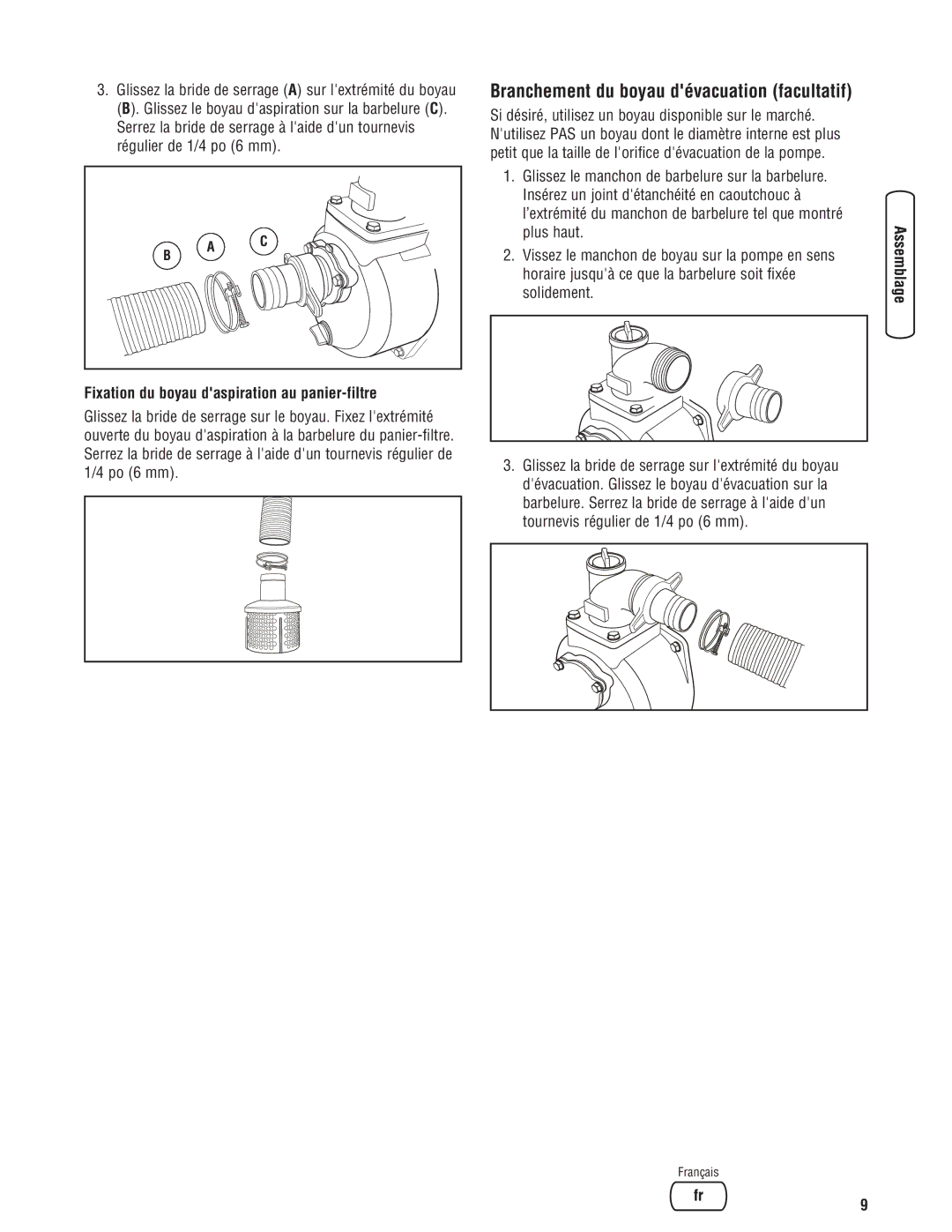 Briggs & Stratton Water Transfer Pump manual Branchement du boyau dévacuation facultatif 