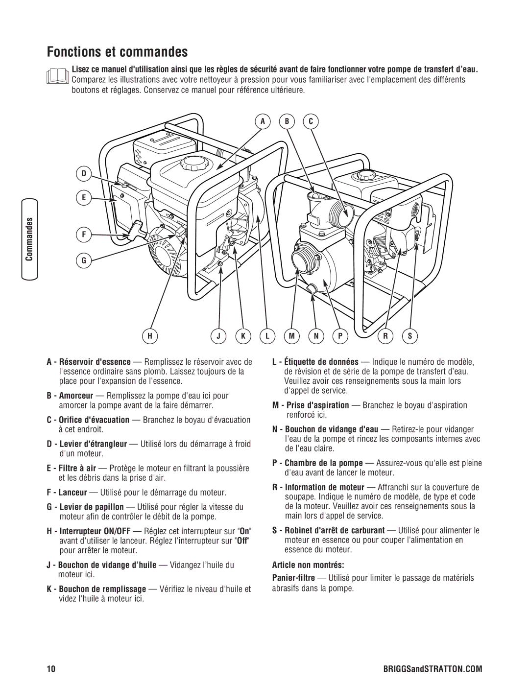 Briggs & Stratton Water Transfer Pump manual Fonctions et commandes, Hj K L M N Pr S 