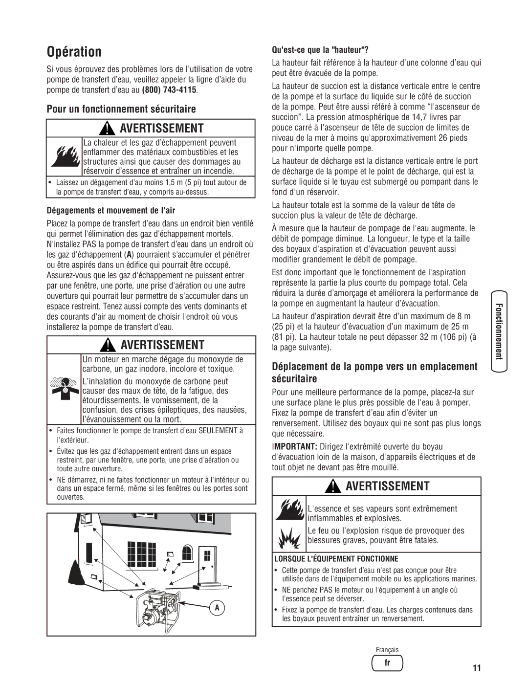 Briggs & Stratton Water Transfer Pump Opération, Pour un fonctionnement sécuritaire, Dégagements et mouvement de lair 