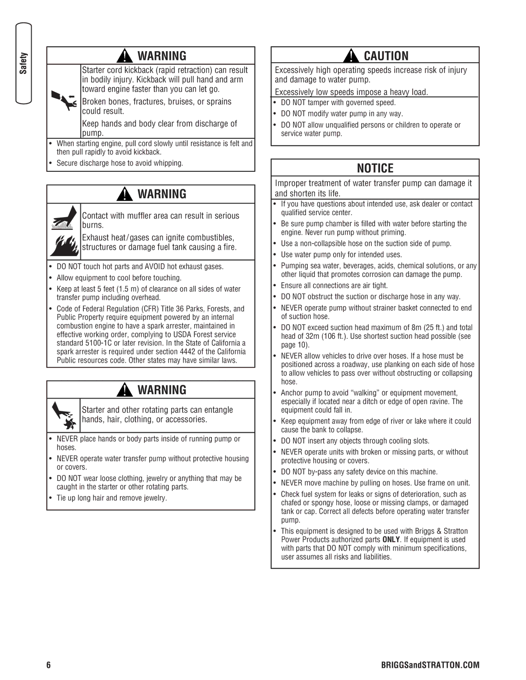 Briggs & Stratton Water Transfer Pump manual Contact with muffler area can result in serious burns 