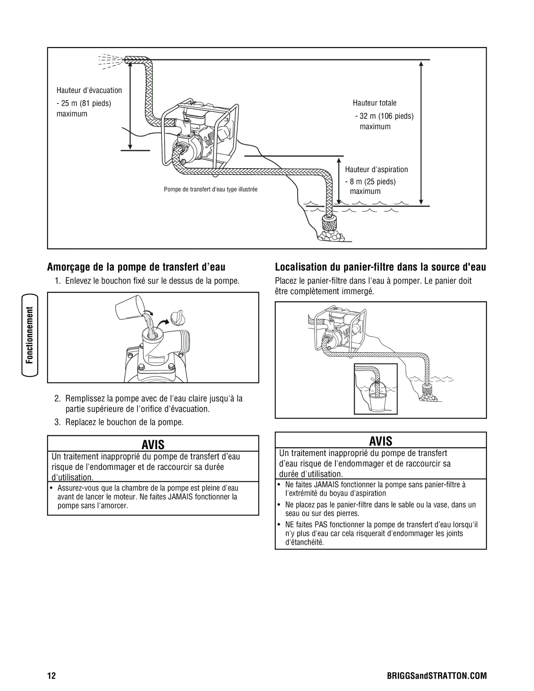 Briggs & Stratton Water Transfer Pump manual Amorçage de la pompe de transfert d’eau, Replacez le bouchon de la pompe 