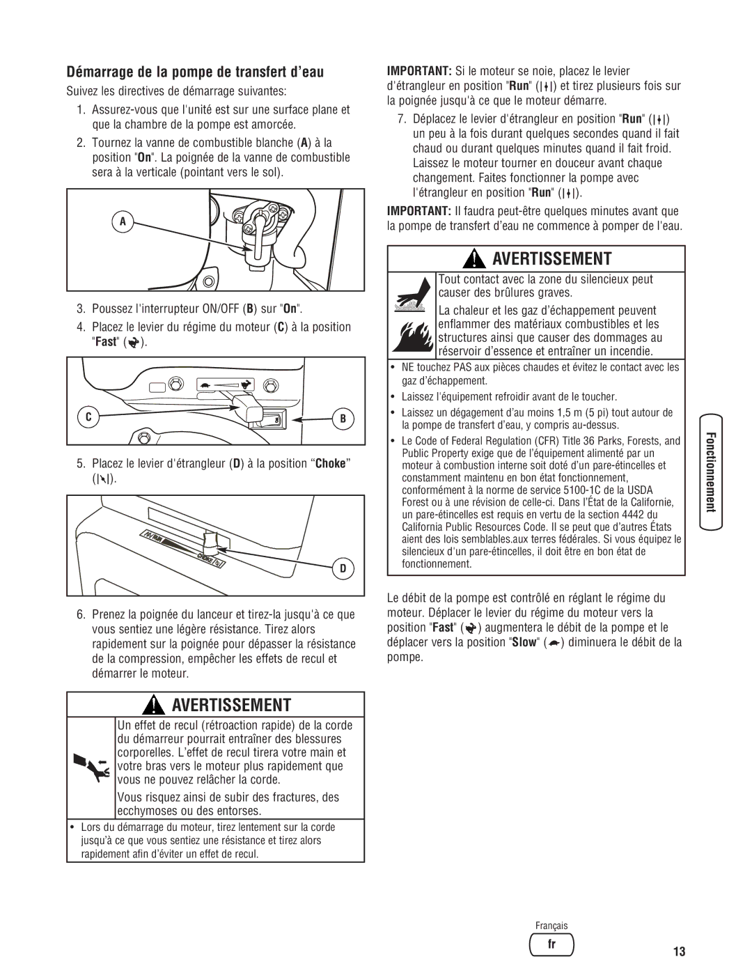 Briggs & Stratton Water Transfer Pump manual Démarrage de la pompe de transfert d’eau 