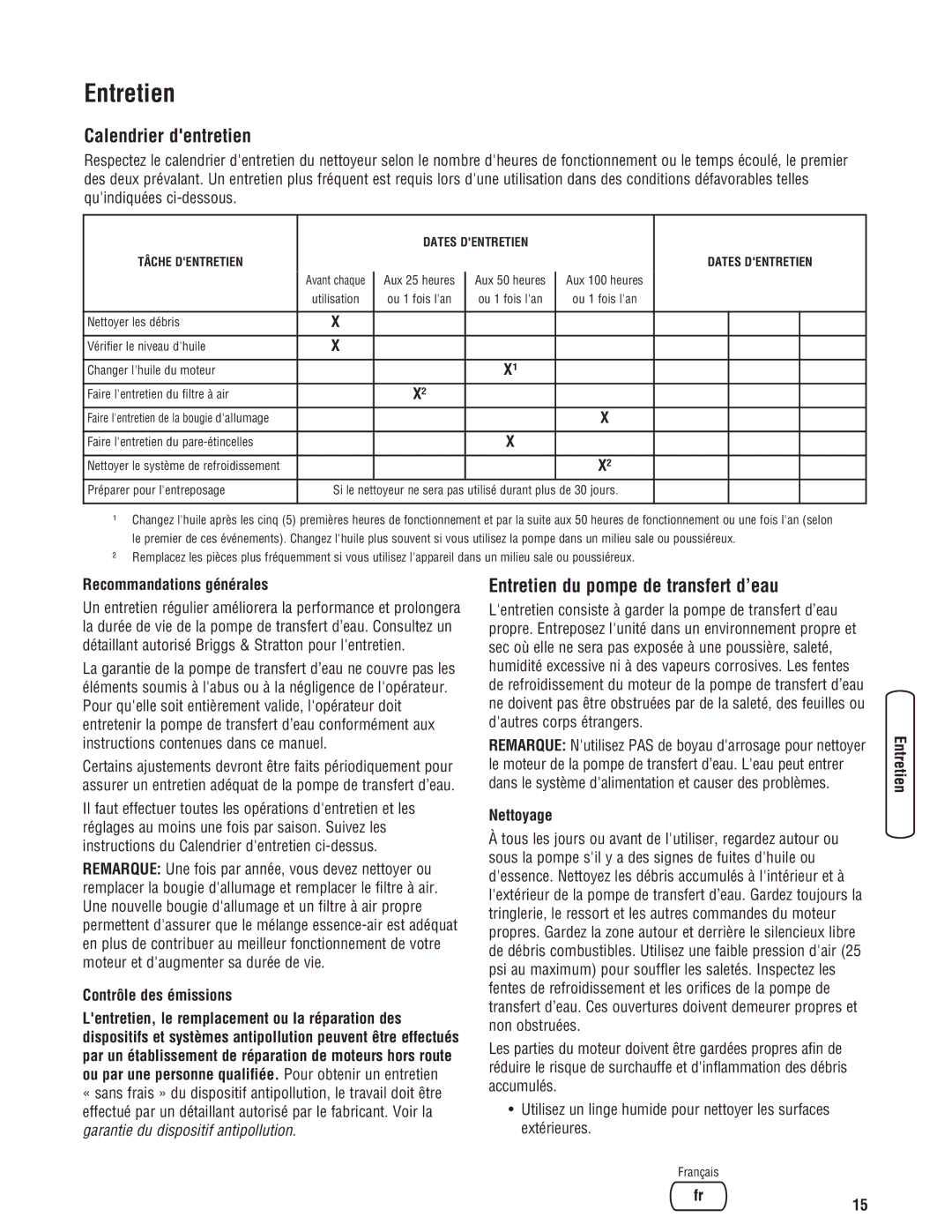 Briggs & Stratton Water Transfer Pump manual Calendrier dentretien, Entretien du pompe de transfert d’eau 