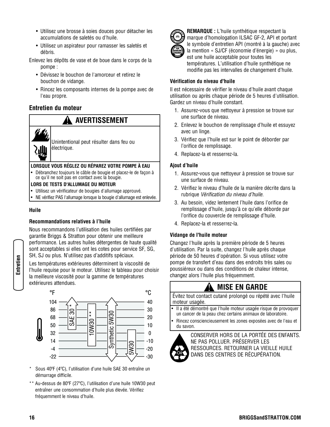 Briggs & Stratton Water Transfer Pump manual Entretien du moteur, Huile Recommandations relatives à l’huile, Ajout d’huile 