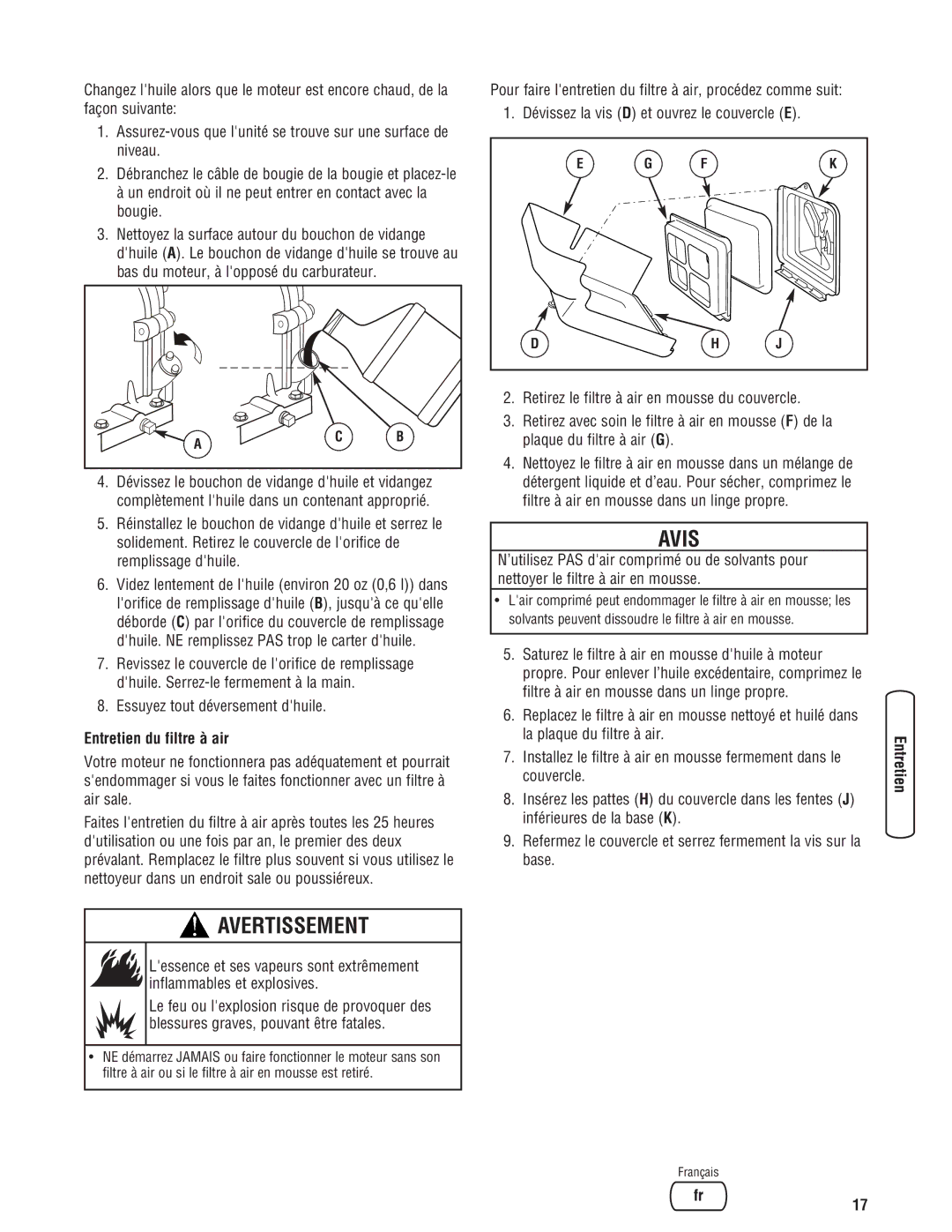 Briggs & Stratton Water Transfer Pump manual Essuyez tout déversement dhuile, Entretien du filtre à air 