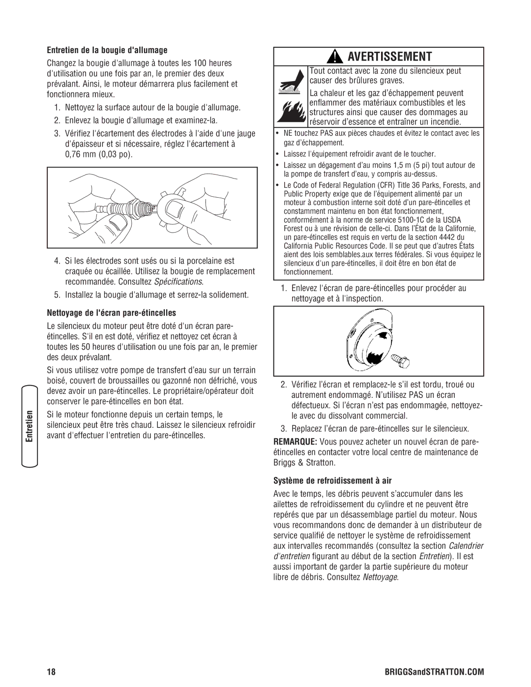 Briggs & Stratton Water Transfer Pump manual Entretien de la bougie dallumage, Nettoyage de lécran pare-étincelles 