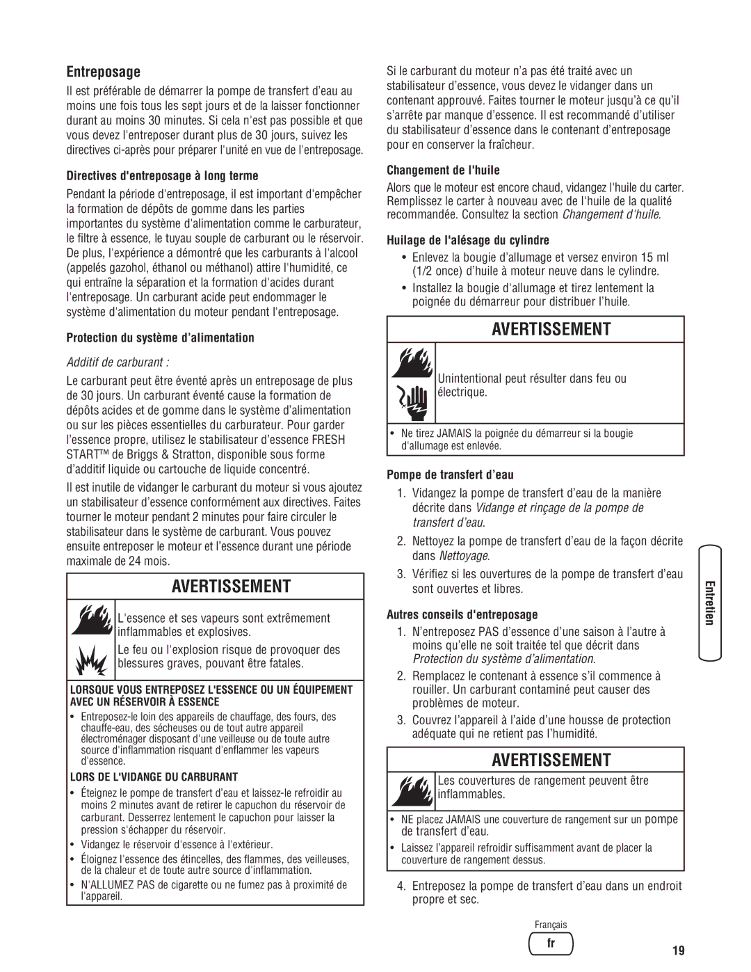 Briggs & Stratton Water Transfer Pump manual Entreposage 