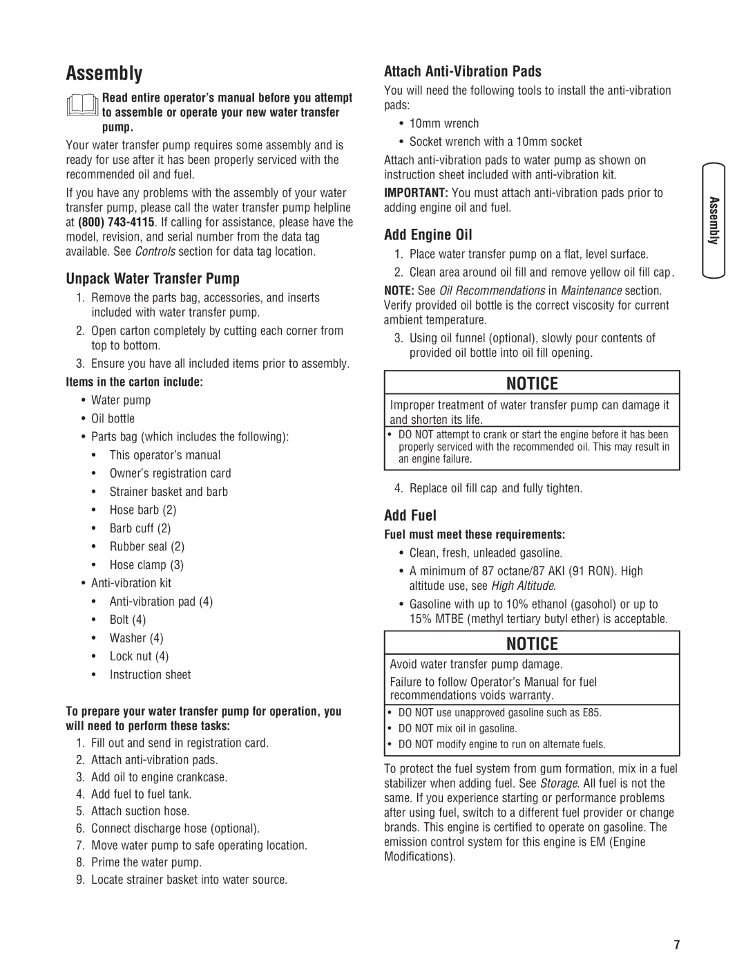 Briggs & Stratton manual Assembly, Unpack Water Transfer Pump, Attach Anti-Vibration Pads, Add Engine Oil, Add Fuel 