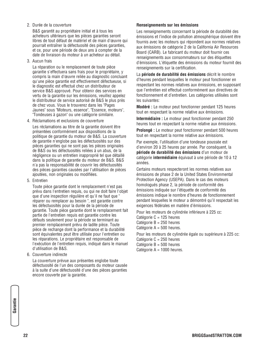 Briggs & Stratton Water Transfer Pump manual Durée de la couverture, Aucun frais, Réclamations et exclusions de couverture 