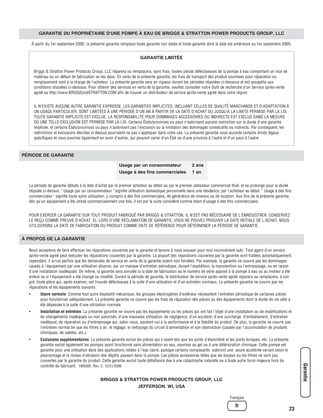 Briggs & Stratton Water Transfer Pump manual Garantie Limitée 