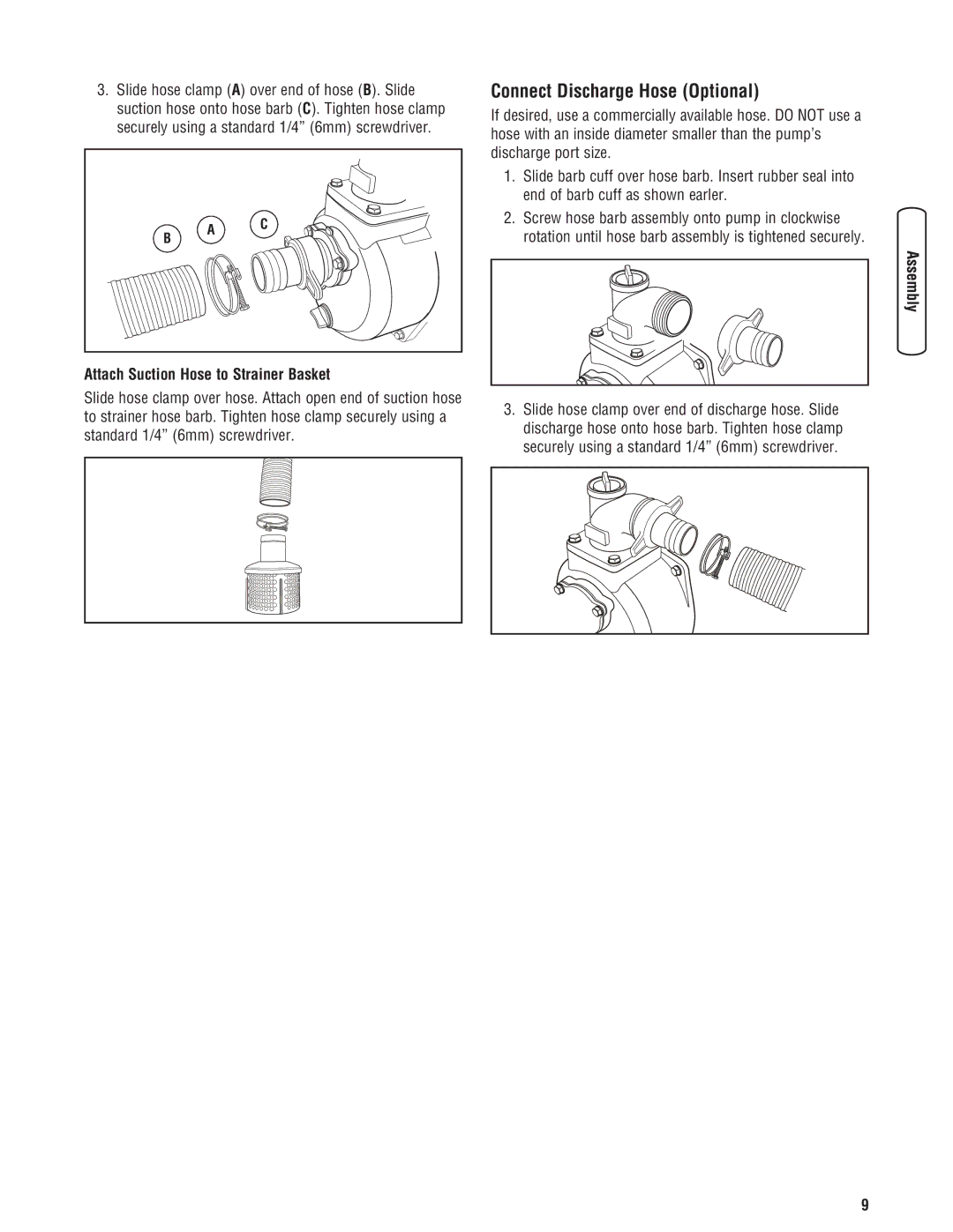 Briggs & Stratton Water Transfer Pump manual Connect Discharge Hose Optional, Attach Suction Hose to Strainer Basket 