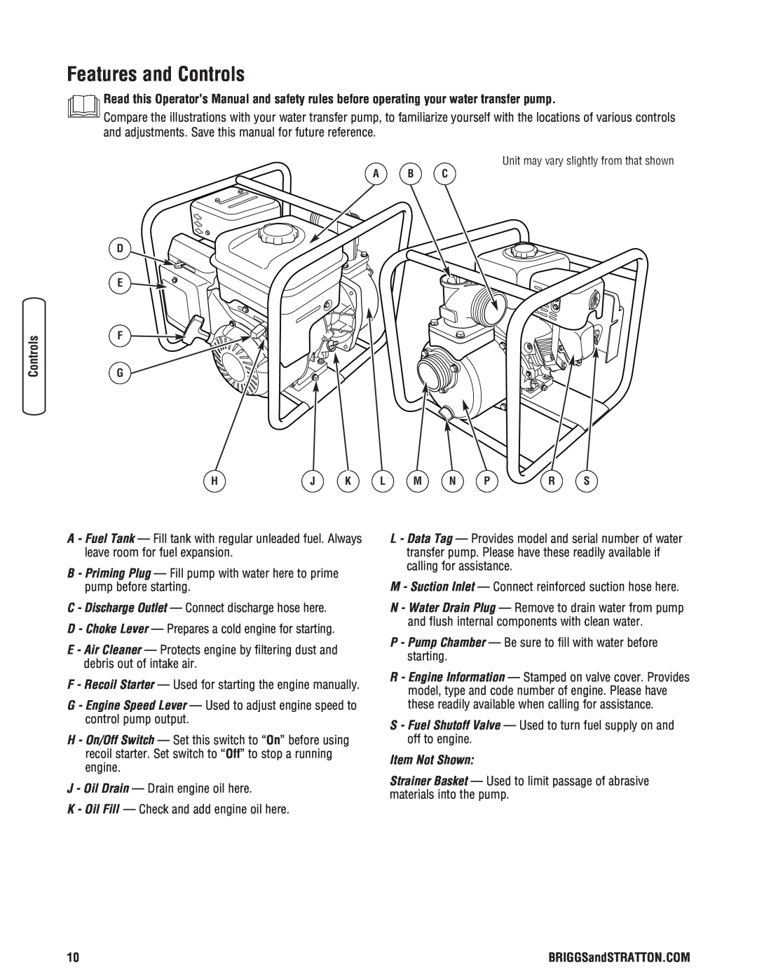 Briggs & Stratton Water Transfer Pump manual Features and Controls, Item Not Shown 