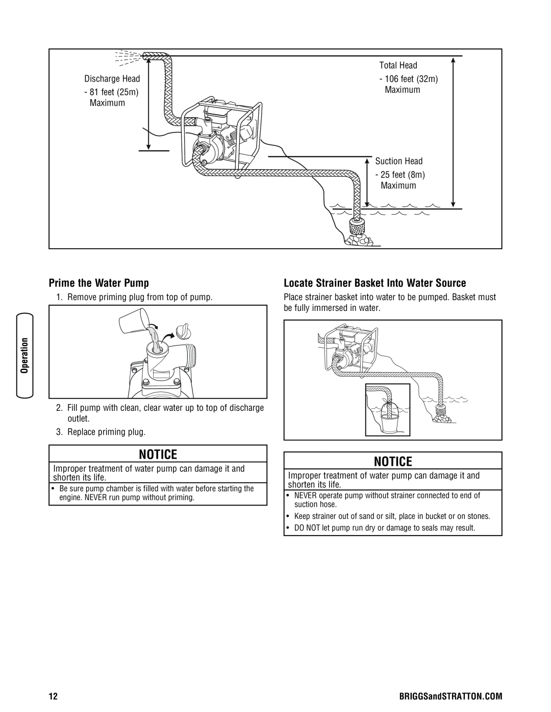 Briggs & Stratton Water Transfer Pump manual Prime the Water Pump, Locate Strainer Basket Into Water Source 