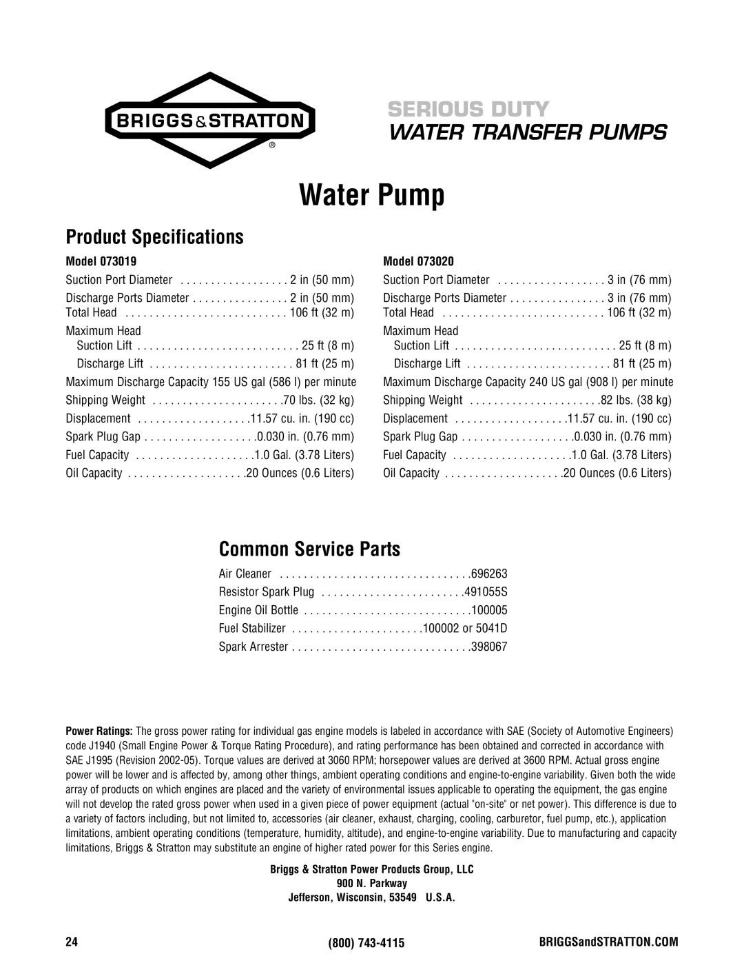 Briggs & Stratton Water Transfer Pump manual Water Pump, Product Specifications, Common Service Parts, Model 
