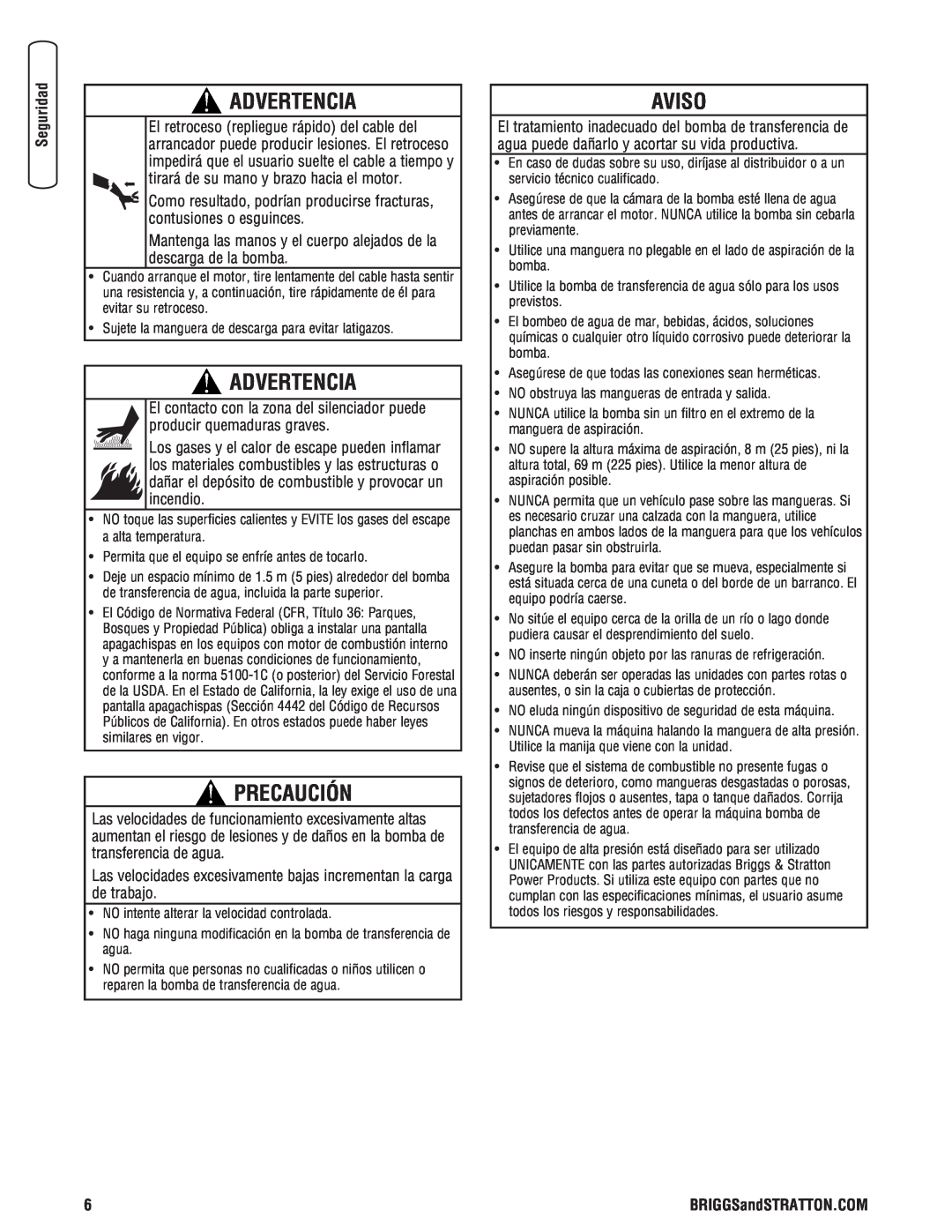 Briggs & Stratton Water Transfer Pump manual Aviso, Advertencia, Precaución 