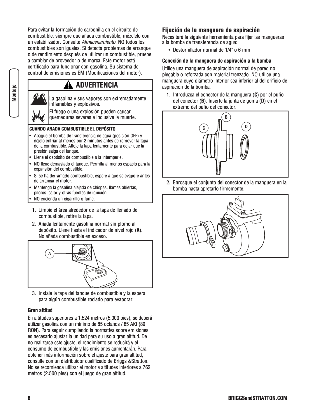 Briggs & Stratton Water Transfer Pump manual Fijación de la manguera de aspiración, Gran altitud, Advertencia 