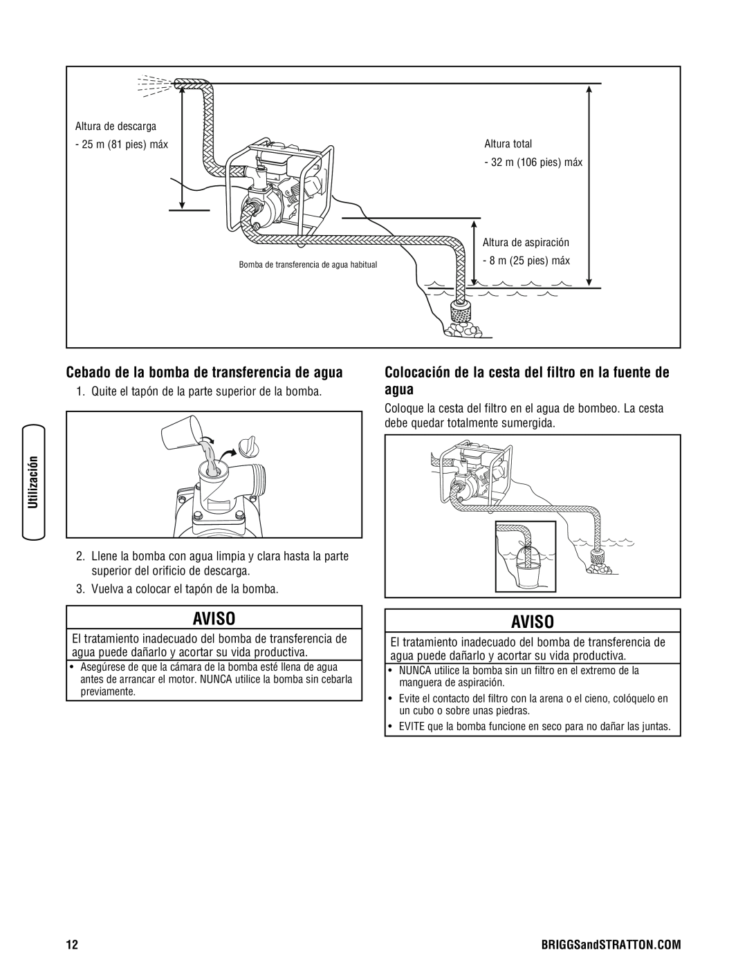 Briggs & Stratton Water Transfer Pump manual Colocación de la cesta del filtro en la fuente de agua, Aviso 