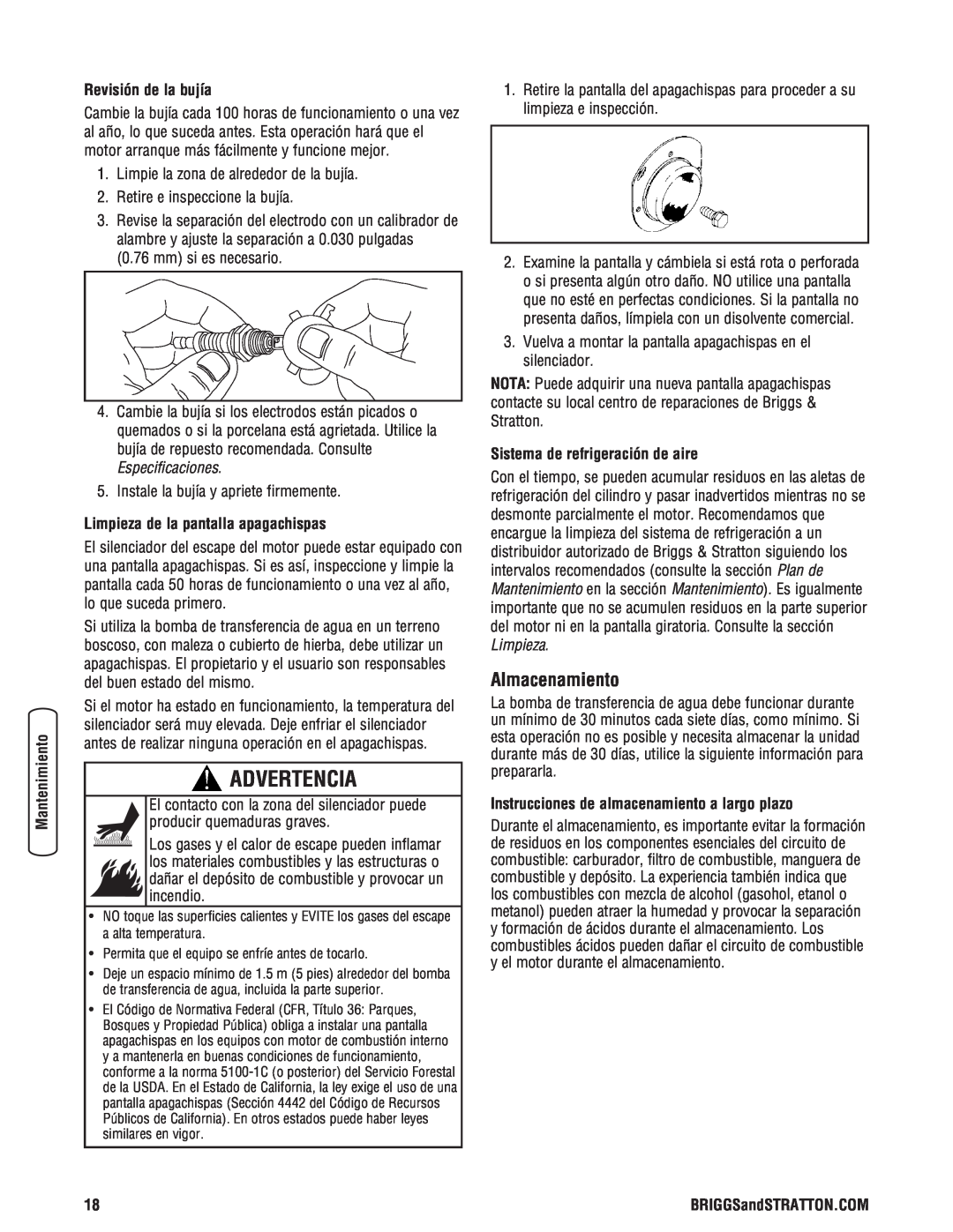 Briggs & Stratton Water Transfer Pump manual Almacenamiento, Revisión de la bujía, Limpieza de la pantalla apagachispas 