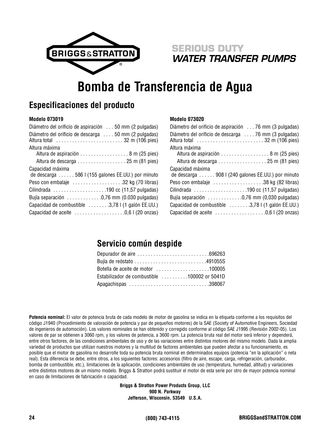 Briggs & Stratton Water Transfer Pump manual Especificaciones del producto, Servicio común despide, Modelo 