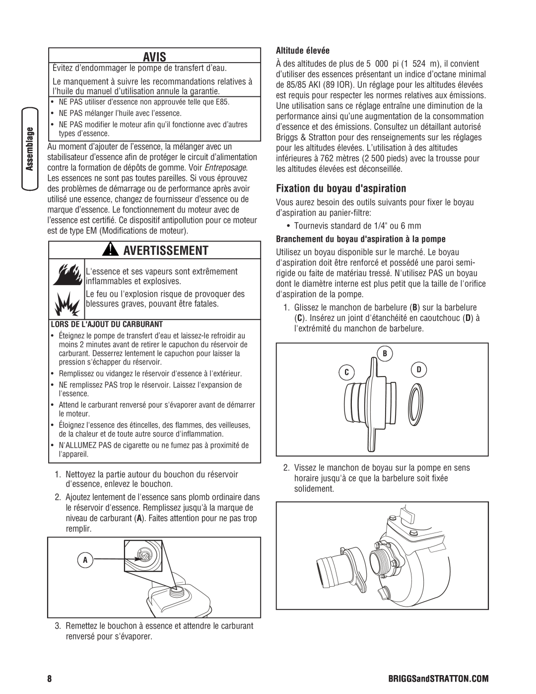 Briggs & Stratton Water Transfer Pump manual Fixation du boyau daspiration, Altitude élevée, Avis, Avertissement 